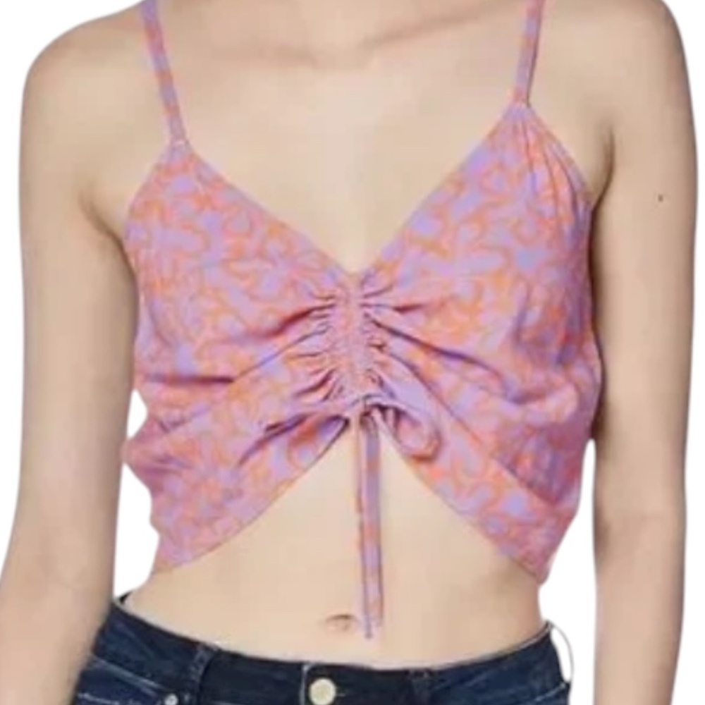 ROXY Floral Ruched Crop Camisole Orange Hawaiian Print XS Smocked Back Top